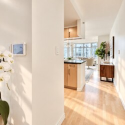 Bright, open-concept apartment interior with a kitchen island, wooden cabinets, and a sunlit living area by large windows.