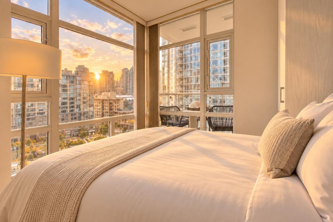 Bright hotel bedroom with large windows overlooking the city skyline at sunset, with a made bed in the foreground.