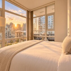 Bright hotel bedroom with large windows overlooking the city skyline at sunset, with a made bed in the foreground.