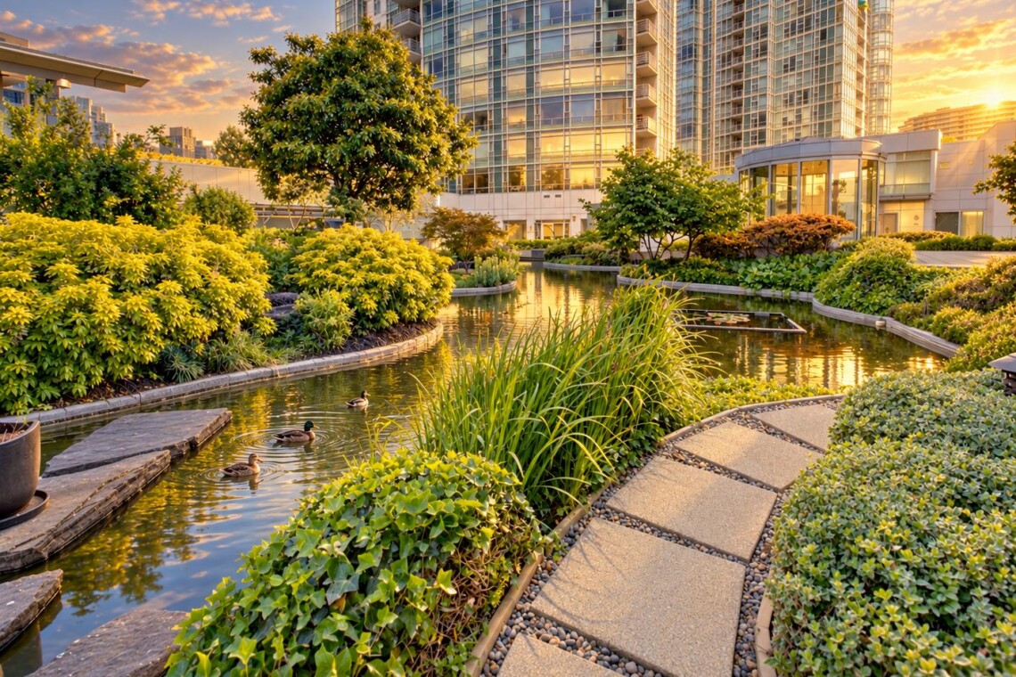 Sunset-lit urban garden with a winding pond, stone path, and lush shrubs beside tall glass buildings. ducks swim in the water.