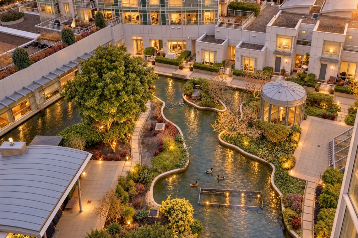 Aerial view of a modern apartment complex with a winding canal, landscaped gardens, and warm indoor lights at dusk, viewed from above.