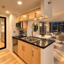 Open-concept kitchen with a black countertop island, stainless steel appliances, and a living area with city-view windows in the background.