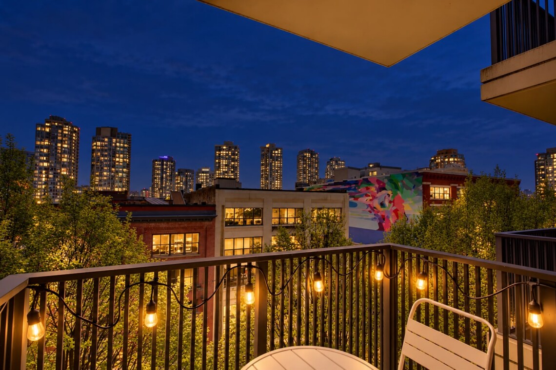 Balcony at dusk with warm string lights, a small table and chair, overlooking trees and a city skyline with a colorful mural on a nearby wall.