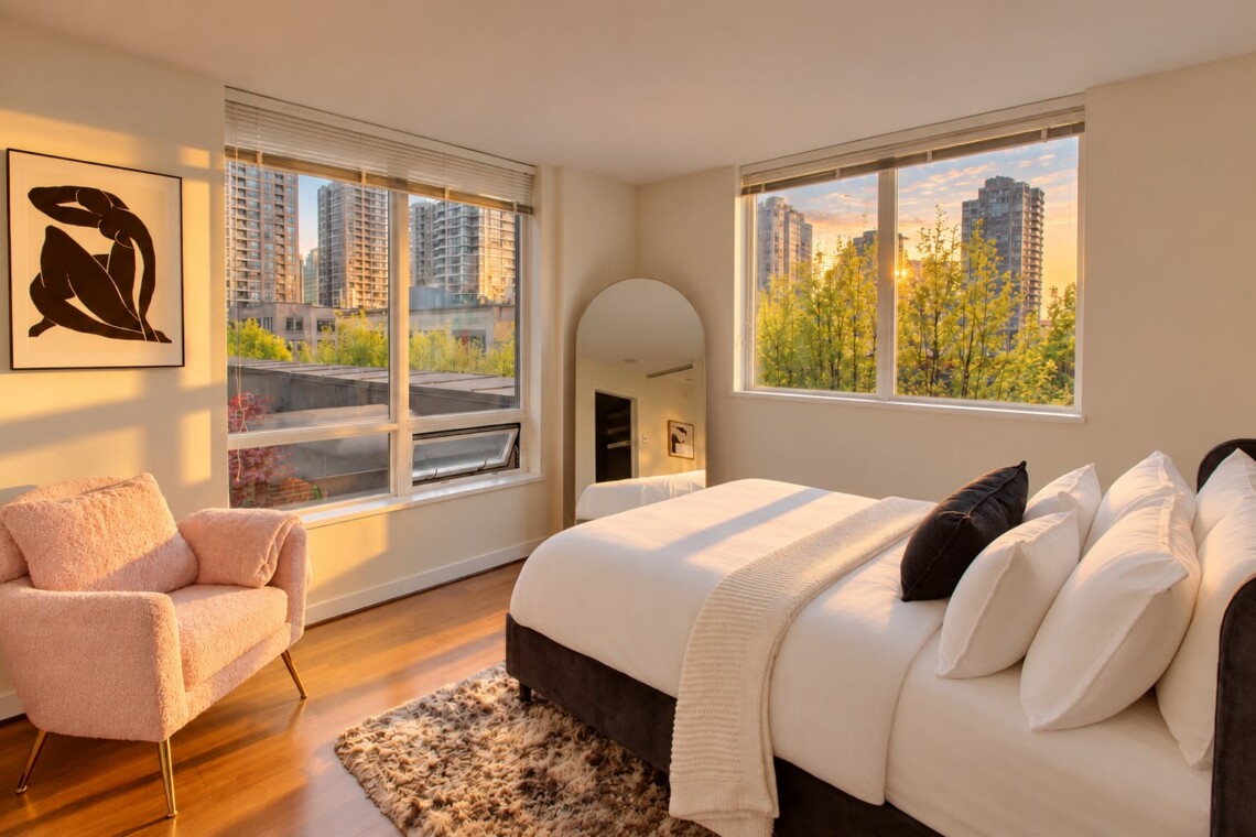 Sunlit modern bedroom with a white bed and pillows, a pink upholstered chair, and a large arched mirror by the window overlooking a cityscape.