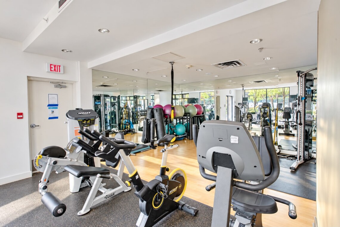 Bright gym interior with cardio machines (stationary bikes and elliptical) in foreground and a wall of mirrors, exercise balls, and weights in background