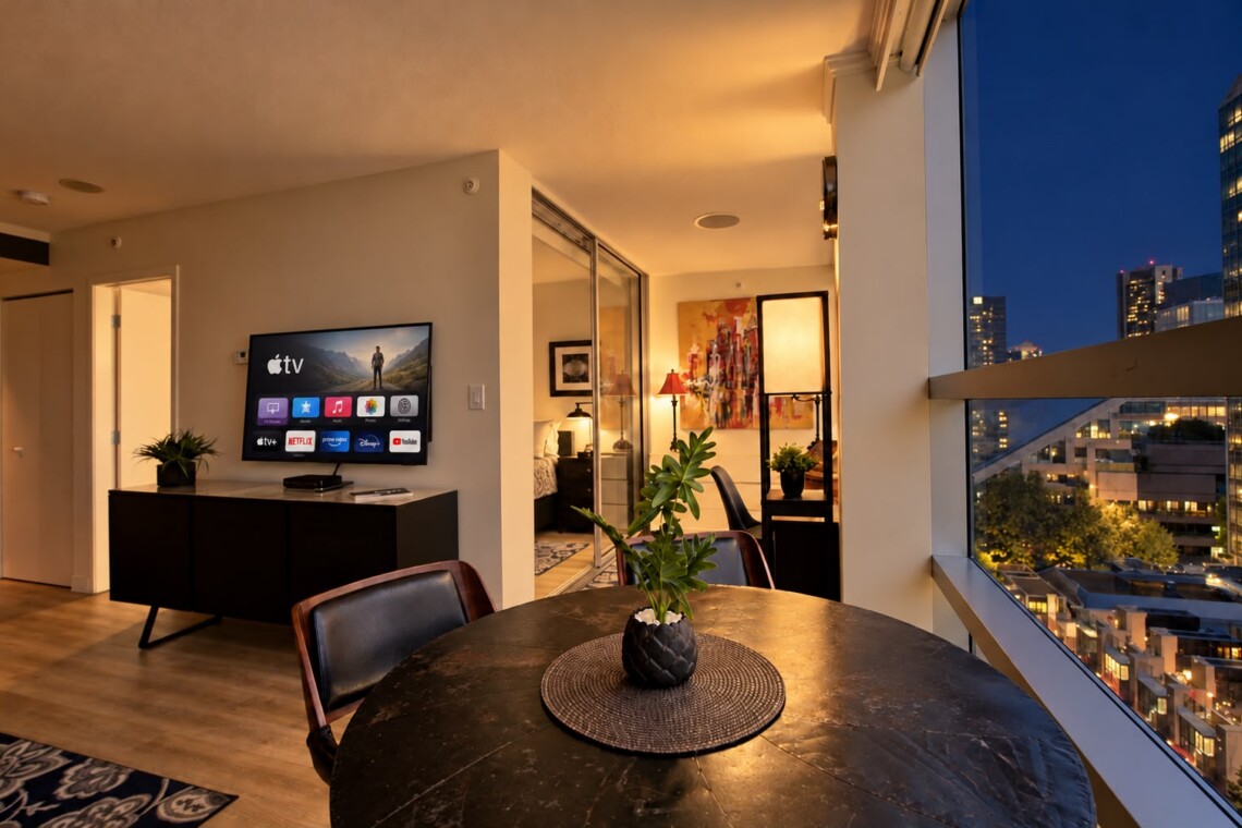 Open-concept living area at dusk with a round black dining table and a potted plant, a wall-mounted TV, and warm ambient lighting. Outside, city lights glow through a large window.