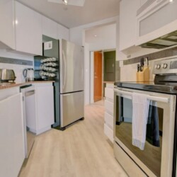 Modern galley kitchen with white cabinets and stainless steel appliances, including fridge, oven, microwave, and dishwasher; a knife block and toaster on the counter.