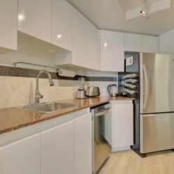 Modern kitchen with white cabinets, brown granite countertops, and a stainless steel refrigerator and dishwasher.
