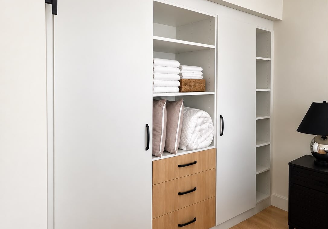 White built-in wardrobe with sliding doors and open middle shelves holding towels and pillows, plus a light wood chest of drawers below.